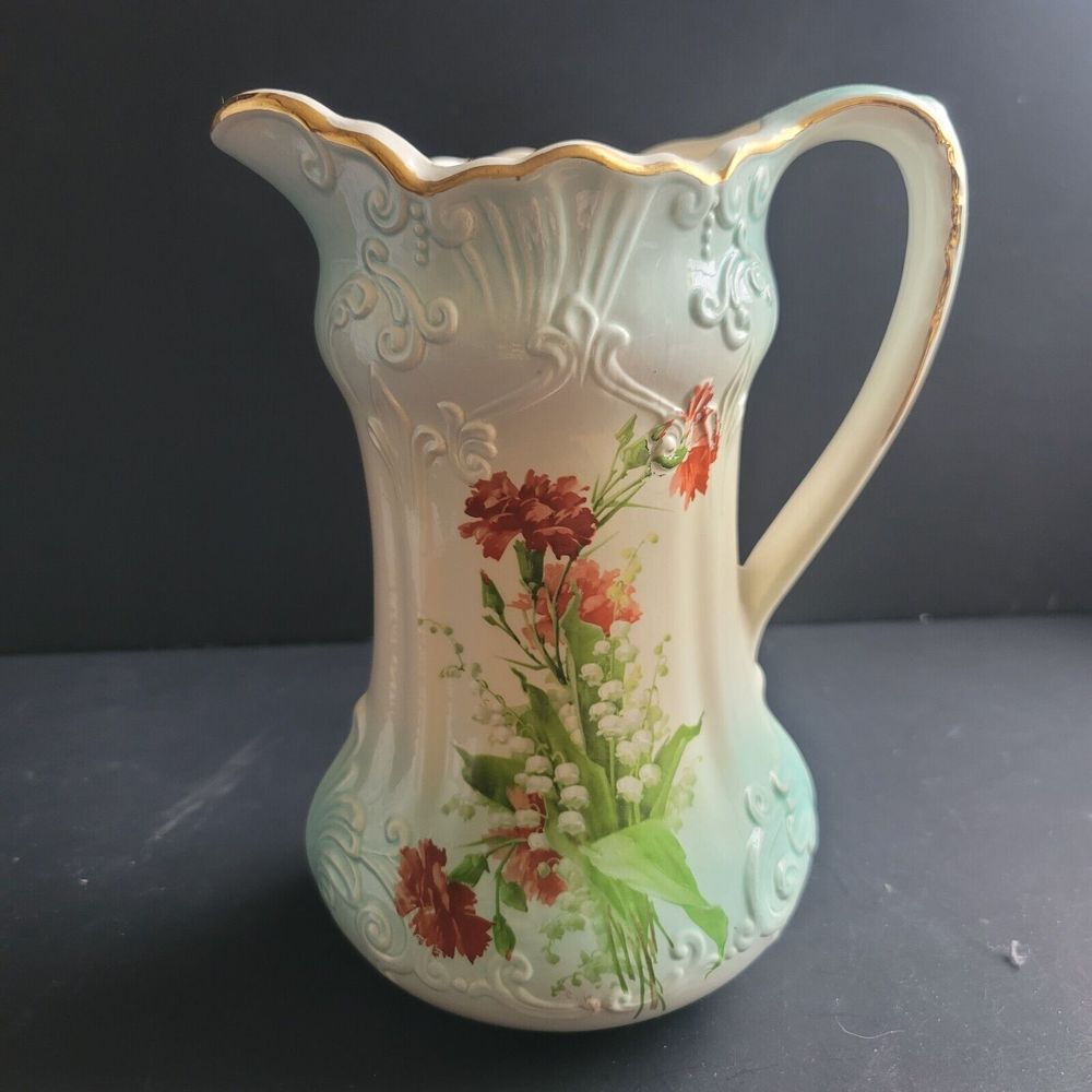 Vtg Pitcher Grandma Core Pitcher Vase Signed RS Prussia Gold Blue 9" Red Floral